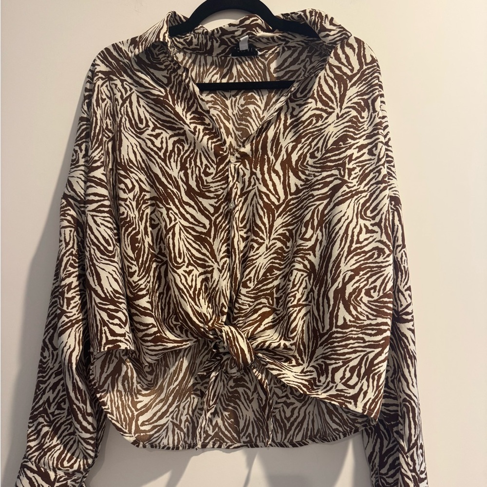 Lucy Paris Zebra Print Tie Front Blouse Brown Cream Size L